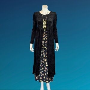 90s United Colors of BENETTON Floral Rayon and Black Velvet Grunge Granny Dress